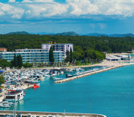 Aerial view of a hotel complex with a swimming pool, green garden and pine trees