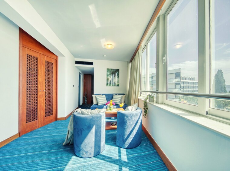 Living area with a dining table and large windows