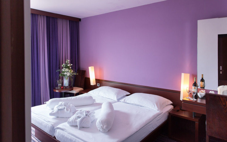 elegantna hotelska soba s bračnim krevetom i vinom