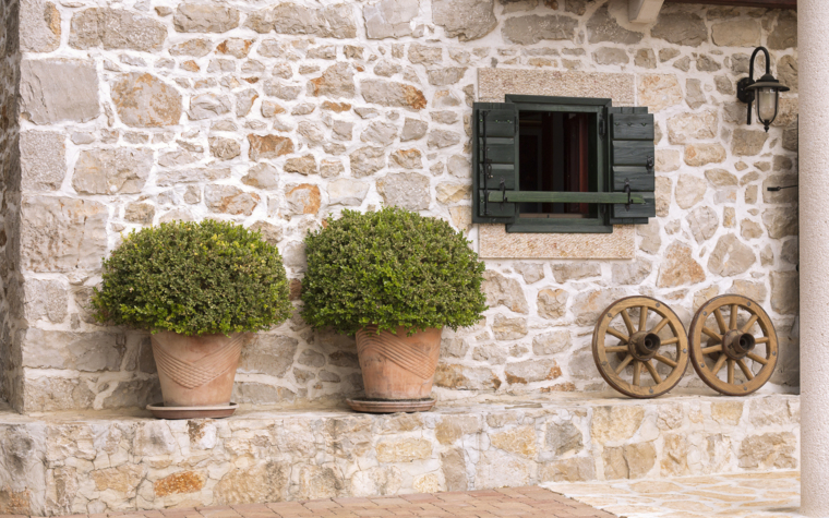 stone villa wall with decorative plants and details