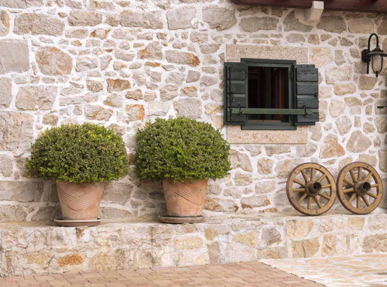 stone villa wall with decorative plants and details