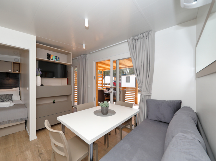 mobile home living room with dining area and terrace access