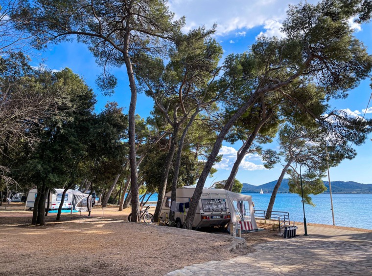 kamp uz plažu u borovoj šumi s pogledom na more