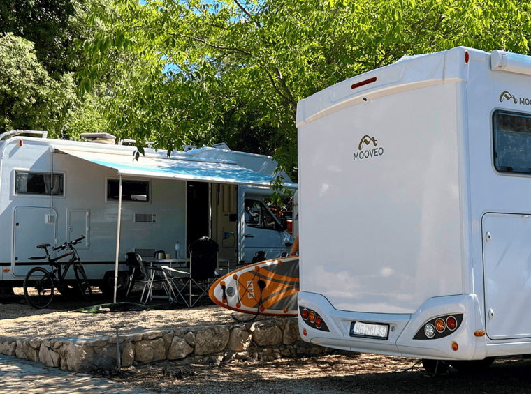 Campingplatz mit Wohnmobilen und Wohnwagen umgeben von Grün