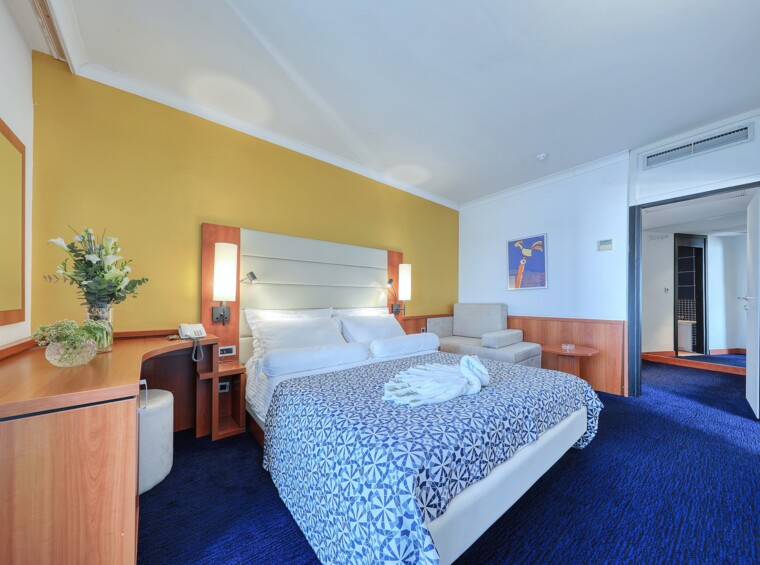 Hotelska soba s bračnim krevetom i ulazom u hodnik